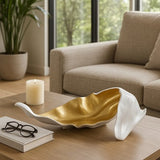 18" Metal White & Gold Curled Leaf Sculpture, Tabletop Accent, Modern Home Décor