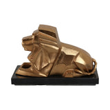 Gold Metal Lion Sculpture with Black Marble Base, 12" Long, Geometric Tabletop Décor