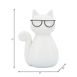 Sagebrook Home Cat with Glasses Sculpture, 7" Glossy White Ceramic Tabletop Figurine