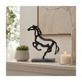 14" Metal Black Galloping Horse Sculpture on Marble Base, Tabletop Décor