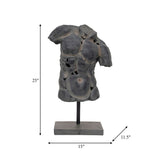 26" Gray Cracked Torso Sculpture, Resin Statue, Modern Indoor Décor