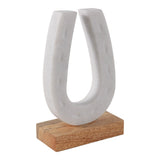 8" Marble Horseshoe Sculpture on Wood Base, White & Brown, Tabletop Décor