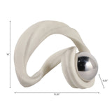 White & Silver Resin Knot Sculpture with Stainless Steel Sphere, 10" Tall Tabletop Décor