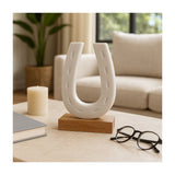 8" Marble Horseshoe Sculpture on Wood Base, White & Brown, Tabletop Décor