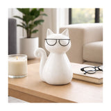 Sagebrook Home Cat with Glasses Sculpture, 7" Glossy White Ceramic Tabletop Figurine