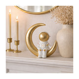 Astronaut on Crescent Moon Figurine, Approximately 8", White & Gold Resin Tabletop Décor