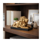 Gold Metal Lion Sculpture with Black Marble Base, 12" Long, Geometric Tabletop Décor