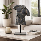 26" Gray Cracked Torso Sculpture, Resin Statue, Modern Indoor Décor