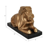 Gold Metal Lion Sculpture with Black Marble Base, 12" Long, Geometric Tabletop Décor