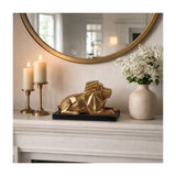 Gold Metal Lion Sculpture with Black Marble Base, 12" Long, Geometric Tabletop Décor