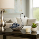 Decorative Swan Sculpture with Blue Kyanite Stone, Silver Metal Tabletop Figurine