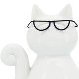 Sagebrook Home Cat with Glasses Sculpture, 7" Glossy White Ceramic Tabletop Figurine