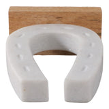 8" Marble Horseshoe Sculpture on Wood Base, White & Brown, Tabletop Décor