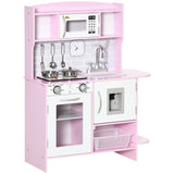 Qaba Pink Pretend Play Kitchen with Stove Lights, Sounds, Storage & Cooking Accessories