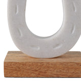 8" Marble Horseshoe Sculpture on Wood Base, White & Brown, Tabletop Décor