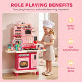 Qaba Pink Kids Play Kitchen with Lights, Sounds, Circulating Water Sink & 33-Piece Accessory Set