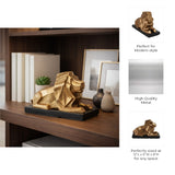 Gold Metal Lion Sculpture with Black Marble Base, 12" Long, Geometric Tabletop Décor