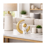 Astronaut on Crescent Moon Figurine, Approximately 8", White & Gold Resin Tabletop Décor