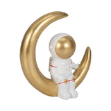 Astronaut on Crescent Moon Figurine, Approximately 8", White & Gold Resin Tabletop Décor