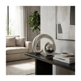 White & Silver Resin Knot Sculpture with Stainless Steel Sphere, 10" Tall Tabletop Décor