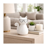 Sagebrook Home Cat with Glasses Sculpture, 7" Glossy White Ceramic Tabletop Figurine