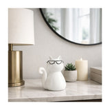 Sagebrook Home Cat with Glasses Sculpture, 7" Glossy White Ceramic Tabletop Figurine