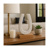 8" Marble Horseshoe Sculpture on Wood Base, White & Brown, Tabletop Décor