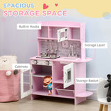 Qaba Pink Pretend Play Kitchen with Stove Lights, Sounds, Storage & Cooking Accessories