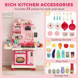 Qaba Pink Kids Play Kitchen with Lights, Sounds, Circulating Water Sink & 33-Piece Accessory Set