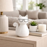 Sagebrook Home Cat with Glasses Sculpture, 7" Glossy White Ceramic Tabletop Figurine