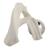 White & Silver Resin Knot Sculpture with Stainless Steel Sphere, 10" Tall Tabletop Décor