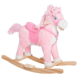Qaba Pink Plush Rocking Horse with Realistic Sounds & Swinging Tail, Ages 3+