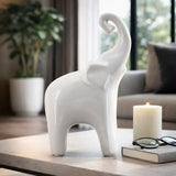 11" Sagebrook Home Ceramic Elephant Sculpture, Raised-Trunk Tabletop Figurine
