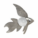 Silver Metal Fish Sculpture with Pearl-Like Accent, 9" Coastal Tabletop Décor