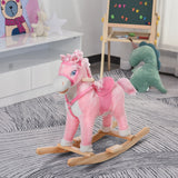 Qaba Pink Plush Rocking Horse with Realistic Sounds & Swinging Tail, Ages 3+