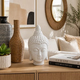 10" White Buddha Head Ceramic Sculpture, Glossy Stoneware Tabletop Figurine