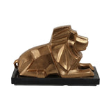 Gold Metal Lion Sculpture with Black Marble Base, 12" Long, Geometric Tabletop Décor