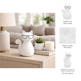 Sagebrook Home Cat with Glasses Sculpture, 7" Glossy White Ceramic Tabletop Figurine