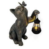 Solar LED Lantern Kitty Cat Garden Statue with Butterfly, Bronze Polyresin Outdoor Cat Figurine