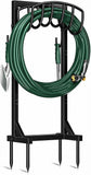 Garden Metal Hose Holder with 4 Ground Spikes & 2 Tool Hooks – Heavy Duty Freestanding Hose Stand for Up to 150 ft. Hose