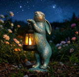 Solar Rabbit Garden Statue with Lantern, Bronze Resin Bunny Outdoor Décor