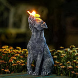 Solar Dog Garden Statue with Butterfly, Outdoor Resin Dog Figurine with Warm LED Light