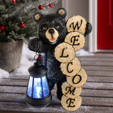 Solar Welcome Bear Garden Statue with Lantern, 11.4" Black Resin Bear Outdoor Welcome Sign