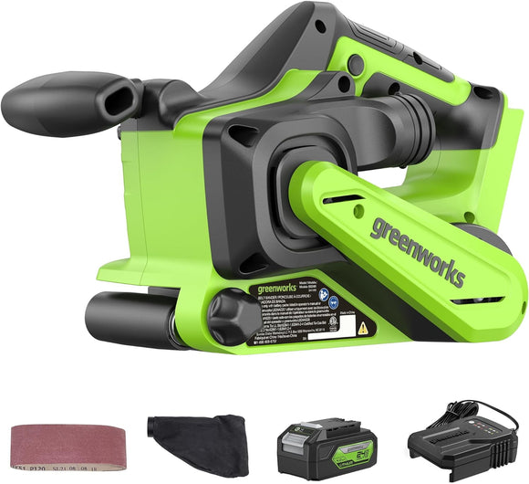 Greenworks 24V Brushless Cordless Belt Sander Kit with Dust Bag and 60 Grit Sandpaper, 4Ah Battery and Charger Included