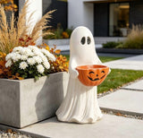 13.7" Halloween Ghost Figurine with Pumpkin Candy Bowl, Resin Treat Holder Decor