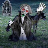 2.3 Ft Animated Zombie Groundbreaker Decor, Motion Sound LED Eye Mouth Arm Prop