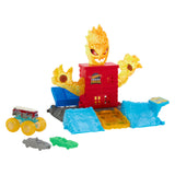 Hot Wheels Monster Trucks 5-Alarm Torch Tower Takedown – Fire Monster Playset with 2 Crushed Cars