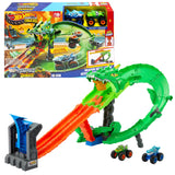 Hot Wheels Monster Trucks Sharks vs. Dinos Dragon Destruction Racing Set, 1 Playset + 2 Trucks