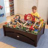 KidKraft Metropolis Wooden Train Set & Table – Elevated Track, Magnetic Train & Storage Drawer, Espresso