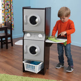 KidKraft Wooden Laundry Playset – Stacking Washer & Dryer, Iron, Basket & Chalkboard, Espresso